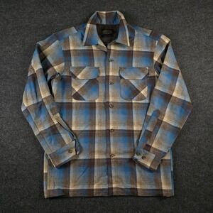 Pendleton Board Shirt Blue Brown Shadow Plaid Wool Flap Pocket Men's Small